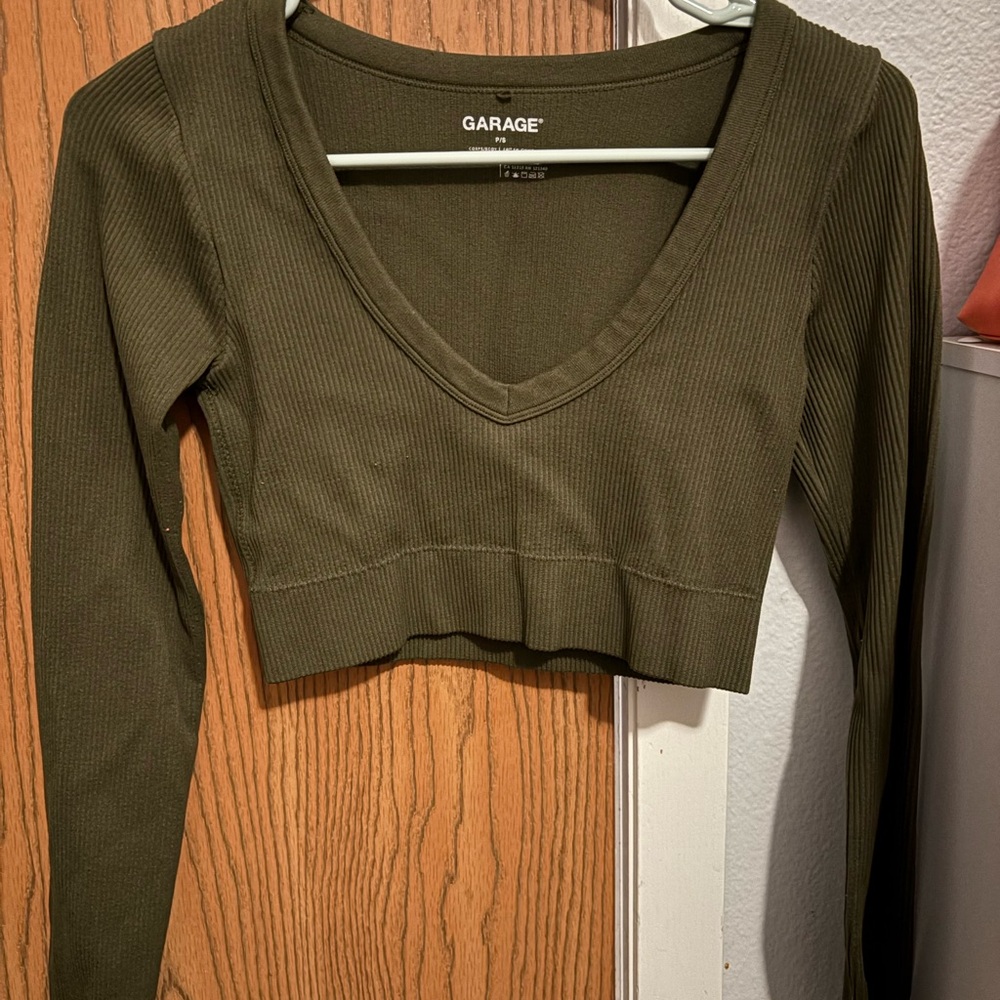 Garage Dark Green Ribbed Long Sleeve Crop Top